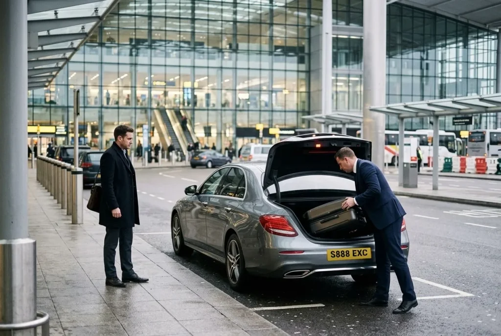 Chauffeur loading luggage into a grey Mercedes E-Class at an airport terminal