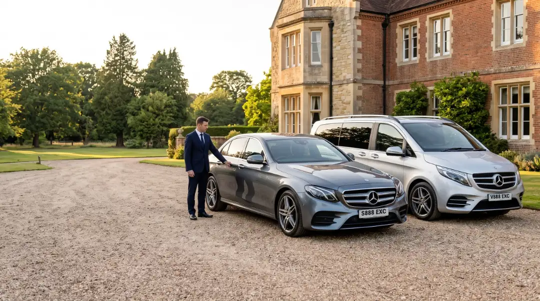 Grey Mercedes E-Class and silver V-Class chauffeur cars outside a Kent country house