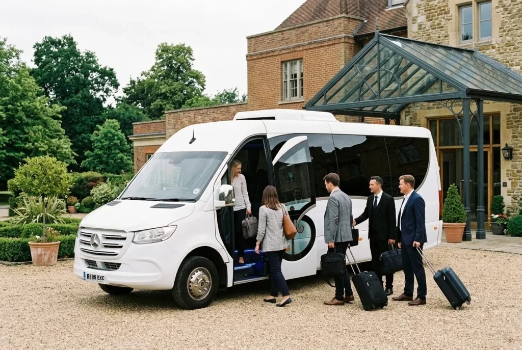 White Mercedes Sprinter collecting a business group at a hotel